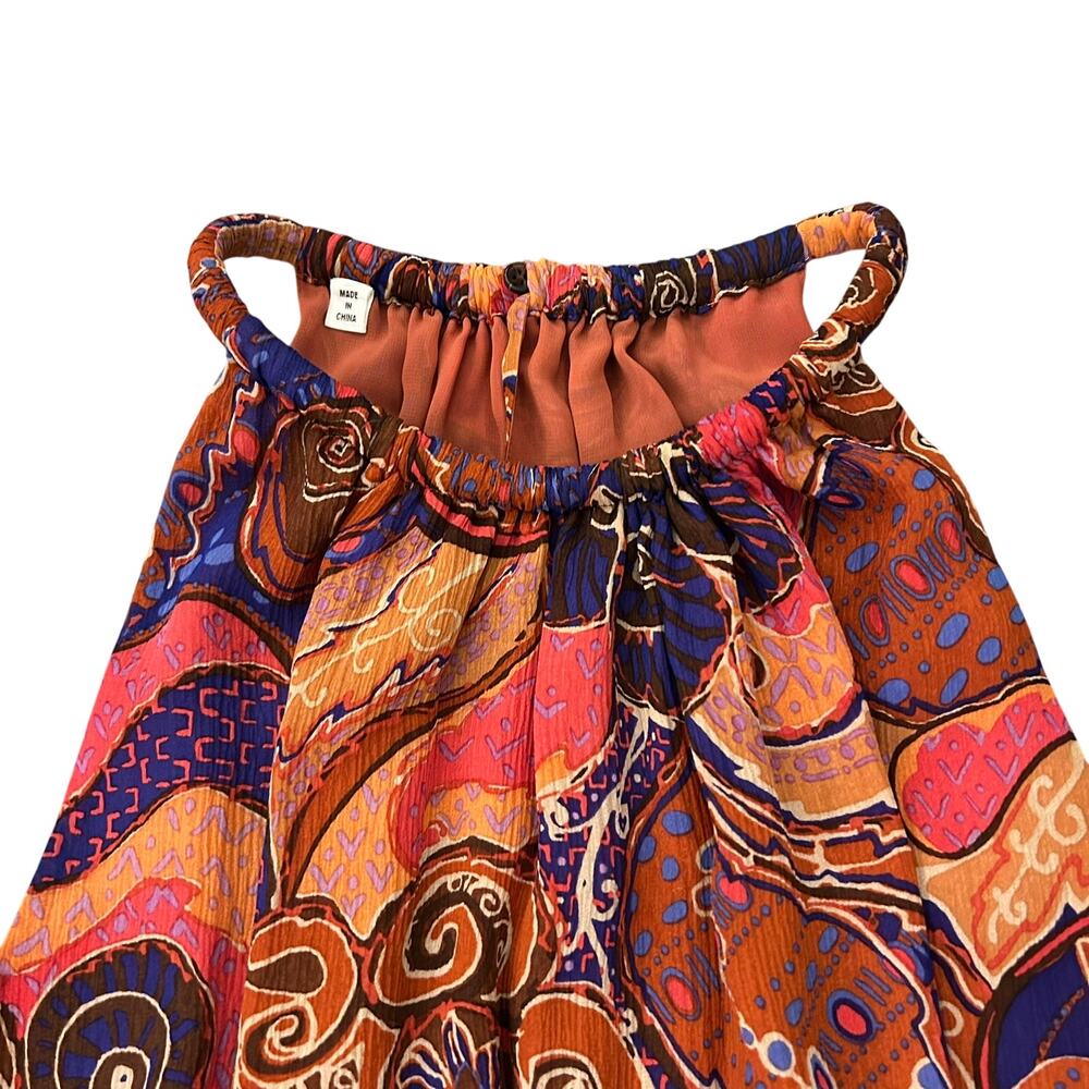 ALC Cory Dress 8 Terracotta Paisley Silk High Neck Smocked Waist Tiered Mini - Picture 7 of 15